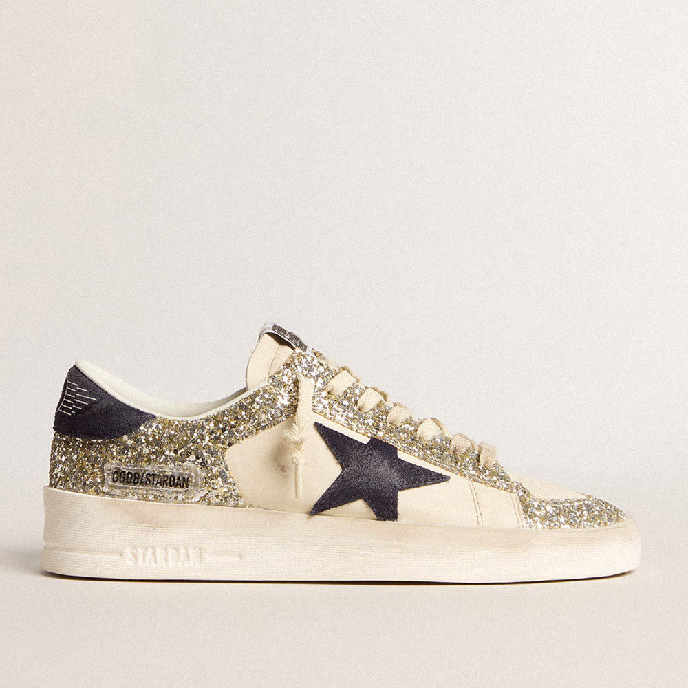 Golden Goose Women's Stardan Sneakers In Platinum Glitter With Dark Blue Suede Star And Heel Tab GWF00667.F005977.11339