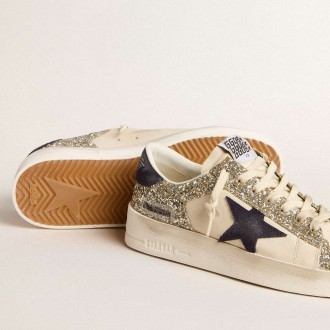 Golden Goose Women's Stardan Sneakers In Platinum Glitter With Dark Blue Suede Star And Heel Tab GWF00667.F005977.11339