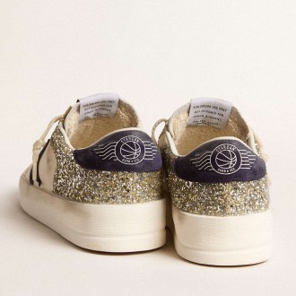 Golden Goose Women's Stardan Sneakers In Platinum Glitter With Dark Blue Suede Star And Heel Tab GWF00667.F005977.11339