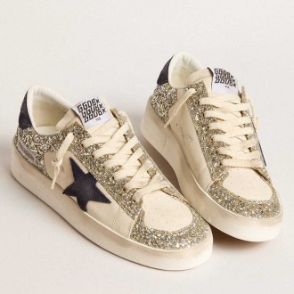 Golden Goose Women's Stardan Sneakers In Platinum Glitter With Dark Blue Suede Star And Heel Tab GWF00667.F005977.11339