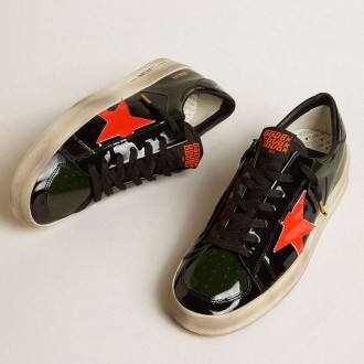 Golden Goose Women's Stardan Sneakers LAB In Black And Green Patent Leather With Orange Star GWF00304.F005084.82475