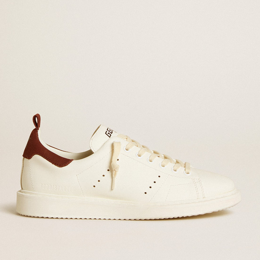 Golden Goose Women's Starter Sneakers In White Leather With Burgundy Nubuck Heel Tab GWF00127.F006449.10360