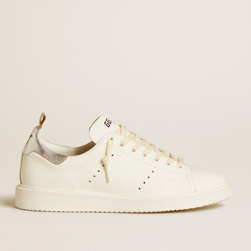 Golden Goose Women's Starter Sneakers LTD In White Leather With Silver Metallic Leather Heel Tab GWF00127.F006447.10449