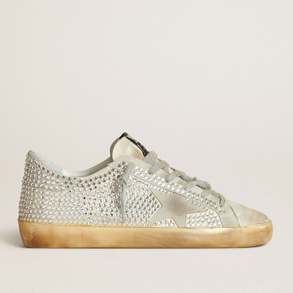 Golden Goose Women's Super-Star Sneakers In Aged White Nubuck With Swarovski Crystals GWF00174.F003459.10273