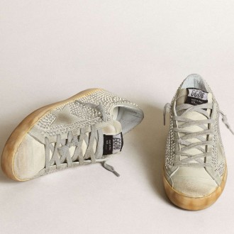 Golden Goose Women's Super-Star Sneakers In Aged White Nubuck With Swarovski Crystals GWF00174.F003459.10273