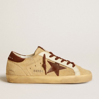 Golden Goose Women's Super-Star Sneakers In Beige Pony Skin With Brown Suede Star And Heel Tab GWF00101.F006576.10607