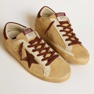 Golden Goose Women's Super-Star Sneakers In Beige Pony Skin With Brown Suede Star And Heel Tab GWF00101.F006576.10607