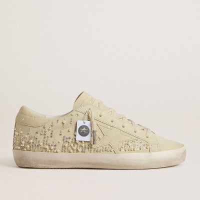 Golden Goose Women's Super-Star Sneakers In Beige Suede With Pearls And Swarovski Crystals GWF00101.F007031.15110