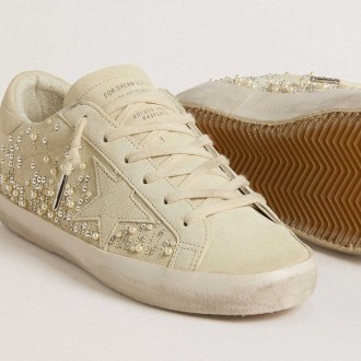 Golden Goose Women's Super-Star Sneakers In Beige Suede With Pearls And Swarovski Crystals GWF00101.F007031.15110