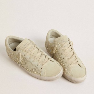 Golden Goose Women's Super-Star Sneakers In Beige Suede With Pearls And Swarovski Crystals GWF00101.F007031.15110