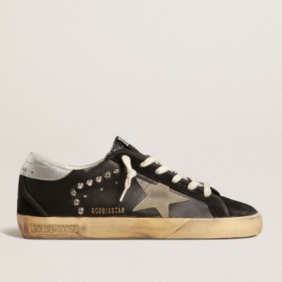 Golden Goose Women's Super-Star Sneakers In Black Leather And Suede With Silver Studs GWF00470.F004020.90367