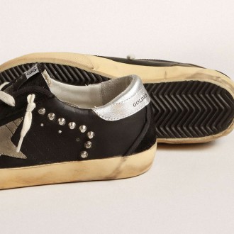 Golden Goose Women's Super-Star Sneakers In Black Leather And Suede With Silver Studs GWF00470.F004020.90367