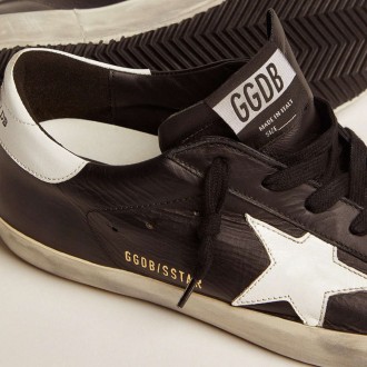 Golden Goose Women's Super-Star Sneakers In Black Leather With White Leather Star And Heel Tab GWF00101.F000321.80203