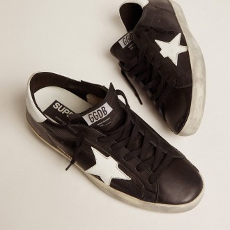 Golden Goose Women's Super-Star Sneakers In Black Leather With White Leather Star And Heel Tab GWF00101.F000321.80203