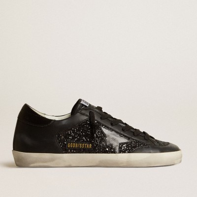 Golden Goose Women's Super-Star Sneakers In Black Nappa And Glitter With Glossy Black Leather Star GWF00108.F005111.90100