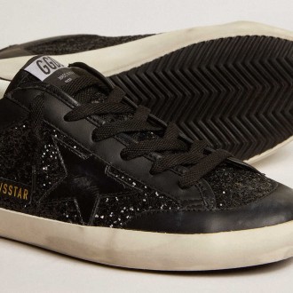 Golden Goose Women's Super-Star Sneakers In Black Nappa And Glitter With Glossy Black Leather Star GWF00108.F005111.90100