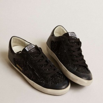 Golden Goose Women's Super-Star Sneakers In Black Nappa And Glitter With Glossy Black Leather Star GWF00108.F005111.90100