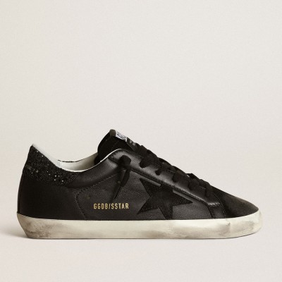 Golden Goose Women's Super-Star Sneakers In Black Nappa With Black Star And Glitter Heel Tab GWF00101.F003463.90100