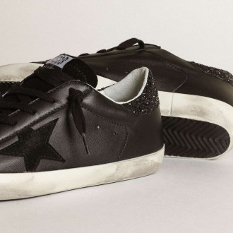 Golden Goose Women's Super-Star Sneakers In Black Nappa With Black Star And Glitter Heel Tab GWF00101.F003463.90100