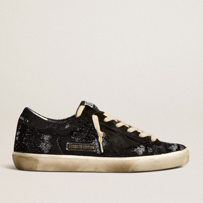 Golden Goose Women's Super-Star Sneakers In Black Velvet And Suede With Black Suede Star GWF00666.F005195.90100