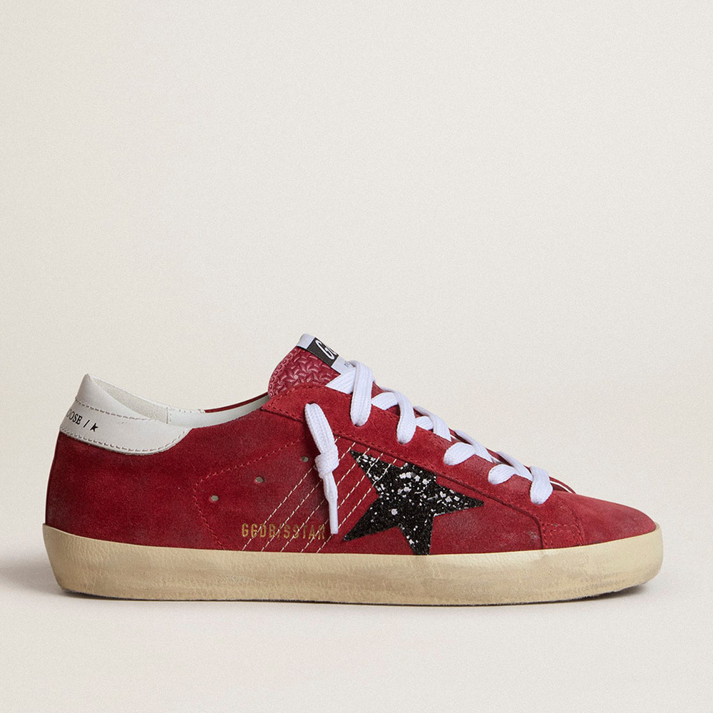 Golden Goose Women's Super-Star Sneakers In Red Suede With Glitter Star And White Heel Tab GWF00101.F007203.40525