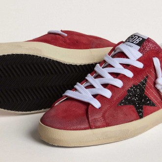 Golden Goose Women's Super-Star Sneakers In Red Suede With Glitter Star And White Heel Tab GWF00101.F007203.40525