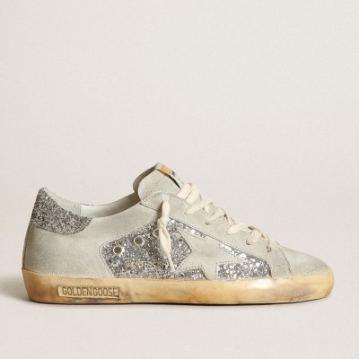 Golden Goose Women's Super-Star Sneakers In Silver Glitter With Ice-gray Star And Inserts GWF00103.F003401.60369