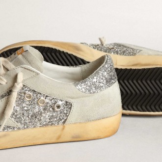 Golden Goose Women's Super-Star Sneakers In Silver Glitter With Ice-gray Star And Inserts GWF00103.F003401.60369