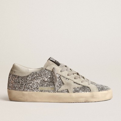 Golden Goose Women's Super-Star Sneakers In Silver Glitter With Ice-gray Suede Star GWF00101.F000416.70136