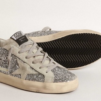 Golden Goose Women's Super-Star Sneakers In Silver Glitter With Ice-gray Suede Star GWF00101.F000416.70136