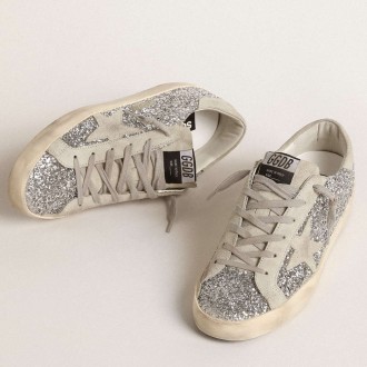 Golden Goose Women's Super-Star Sneakers In Silver Glitter With Ice-gray Suede Star GWF00101.F000416.70136