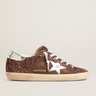 Golden Goose Women's Super-Star Sneakers LTD In Brown Glitter And Suede With Leather Star And Heel Tab GWF00103.F005948.55599