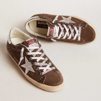 Golden Goose Women's Super-Star Sneakers LTD In Brown Glitter And Suede With Leather Star And Heel Tab GWF00103.F005948.55599