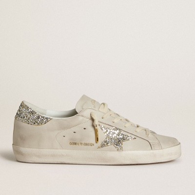 Golden Goose Women's Super-Star Sneakers LTD In Ivory Nappa Leather With Platinum Glitter Star And Heel Tab GWF00101.F006514.82812