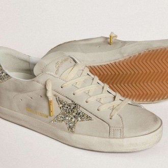 Golden Goose Women's Super-Star Sneakers LTD In Ivory Nappa Leather With Platinum Glitter Star And Heel Tab GWF00101.F006514.82812