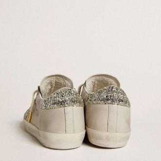 Golden Goose Women's Super-Star Sneakers LTD In Ivory Nappa Leather With Platinum Glitter Star And Heel Tab GWF00101.F006514.82812