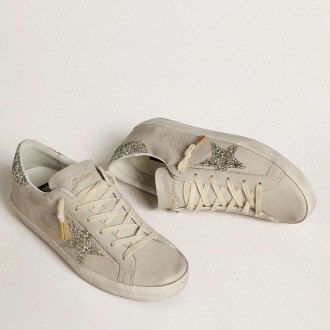 Golden Goose Women's Super-Star Sneakers LTD In Ivory Nappa Leather With Platinum Glitter Star And Heel Tab GWF00101.F006514.82812