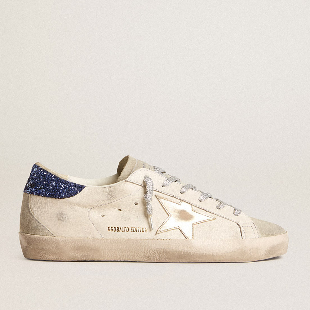 Golden Goose Women's Super-Star Sneakers LTD In Nappa Leather With Platinum Star And Blue Glitter Heel Tab GWF00102.F005847.11859