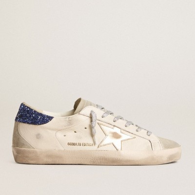 Golden Goose Women's Super-Star Sneakers LTD In Nappa Leather With Platinum Star And Blue Glitter Heel Tab GWF00102.F005847.11859