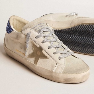 Golden Goose Women's Super-Star Sneakers LTD In Nappa Leather With Platinum Star And Blue Glitter Heel Tab GWF00102.F005847.11859