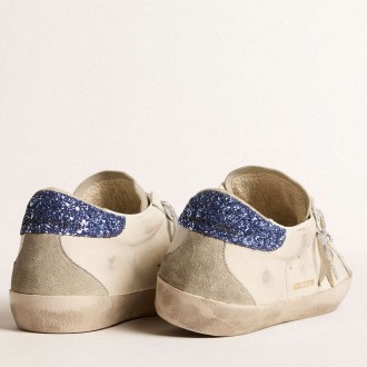 Golden Goose Women's Super-Star Sneakers LTD In Nappa Leather With Platinum Star And Blue Glitter Heel Tab GWF00102.F005847.11859