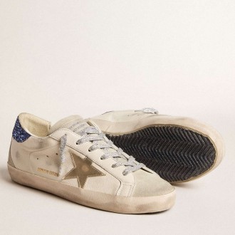 Golden Goose Women's Super-Star Sneakers LTD In Nappa Leather With Platinum Star And Blue Glitter Heel Tab GWF00102.F005847.11859