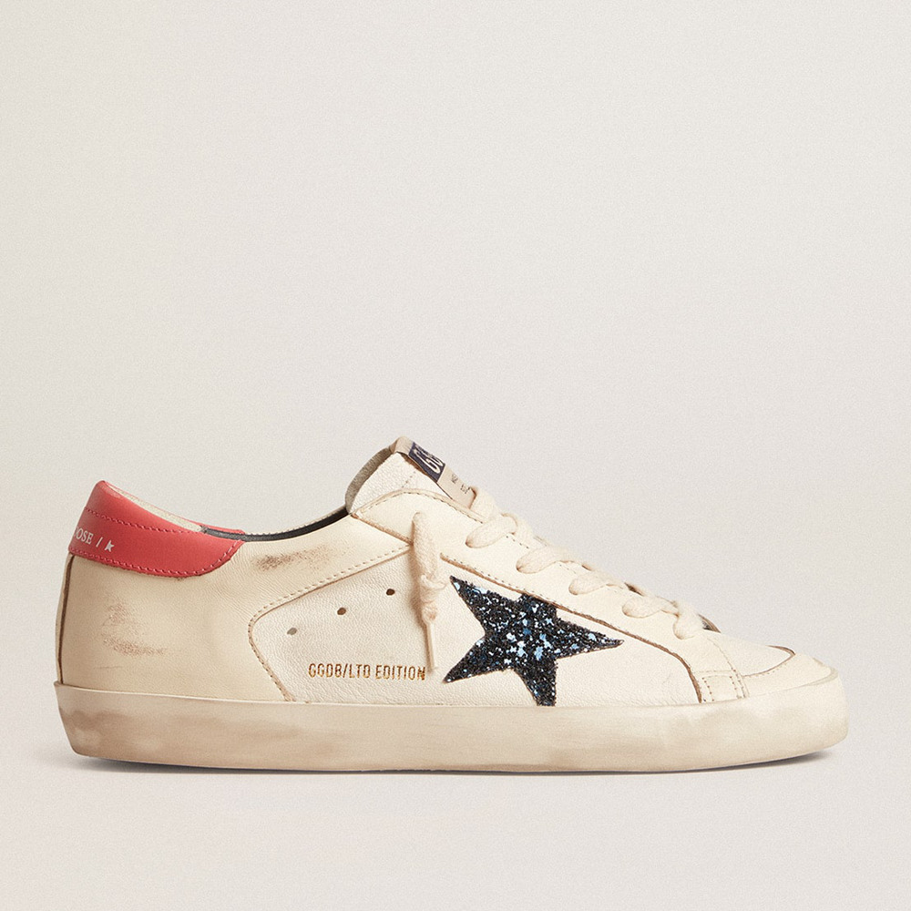 Golden Goose Women's Super-Star Sneakers LTD In Nappa With Blue Glitter Star And Red Heel Tab GWF00476.F005945.10317