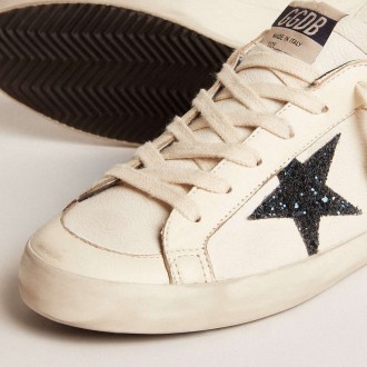 Golden Goose Women's Super-Star Sneakers LTD In Nappa With Blue Glitter Star And Red Heel Tab GWF00476.F005945.10317