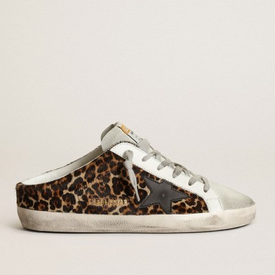 Golden Goose Women's Super-Star Sneakers Sabot In Leopard Print Pony Skin With Black Star GWF00110.F003380.80189