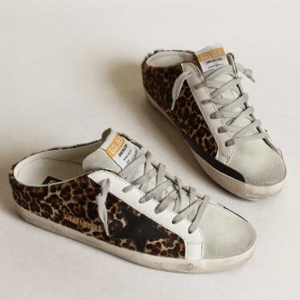 Golden Goose Women's Super-Star Sneakers Sabot In Leopard Print Pony Skin With Black Star GWF00110.F003380.80189