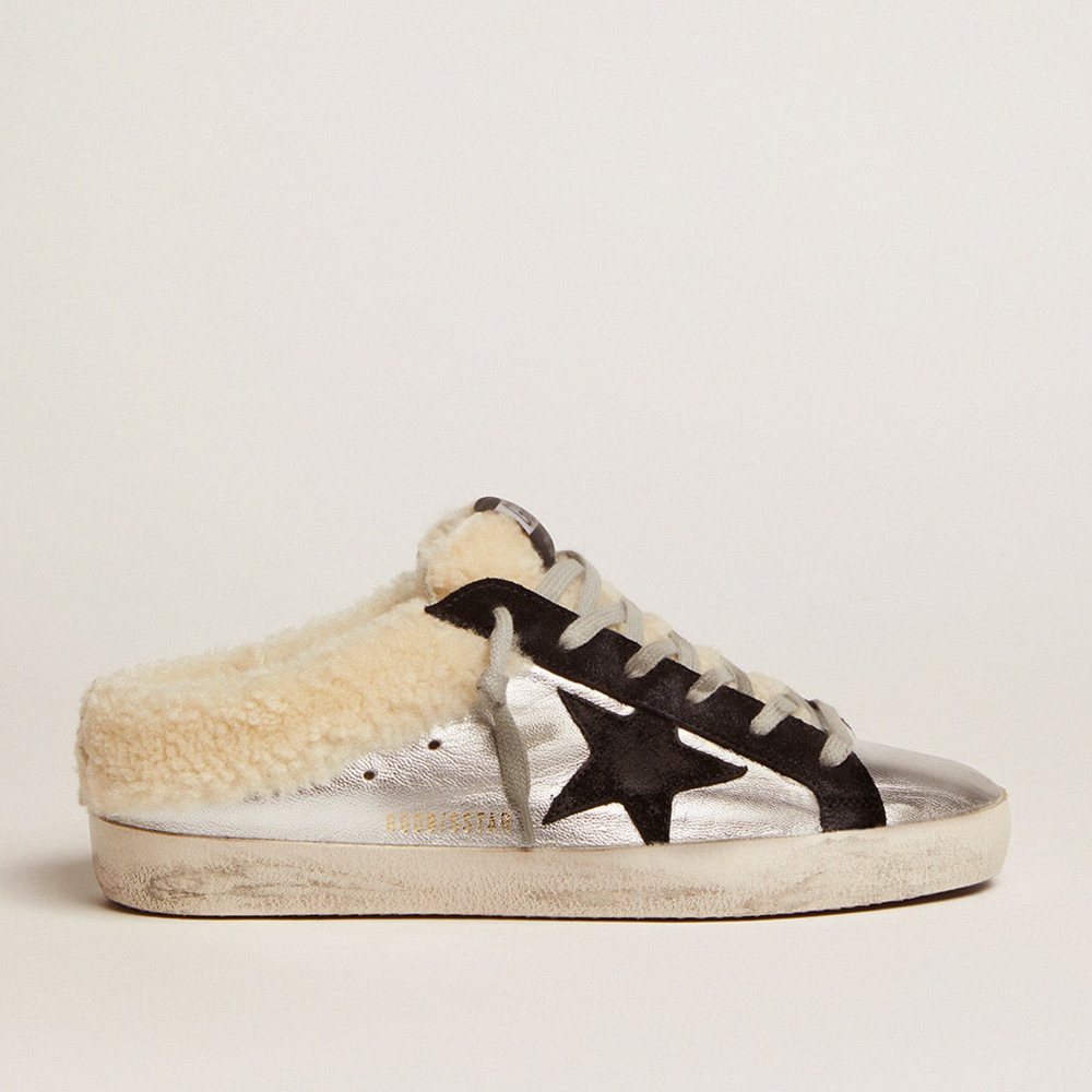 Golden Goose Women's Super-Star Sneakers Sabot In Silver Laminated Leather With Black Star GWF00110.F002307.70149