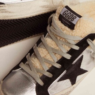 Golden Goose Women's Super-Star Sneakers Sabot In Silver Laminated Leather With Black Star GWF00110.F002307.70149