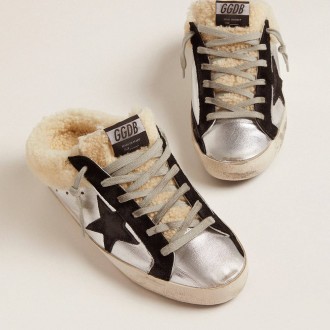 Golden Goose Women's Super-Star Sneakers Sabot In Silver Laminated Leather With Black Star GWF00110.F002307.70149