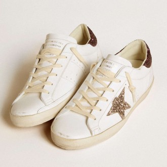 Golden Goose Women's Super-Star Sneakers With Gold Glitter Star And Burgundy Glitter Heel Tab GWF00101.F006660.11934